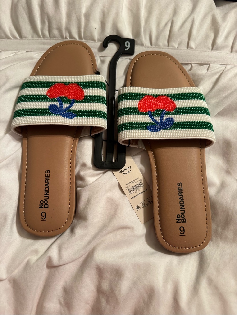 No Boundaries Brown Tan Slide Sandals with Green & White Striped Strap